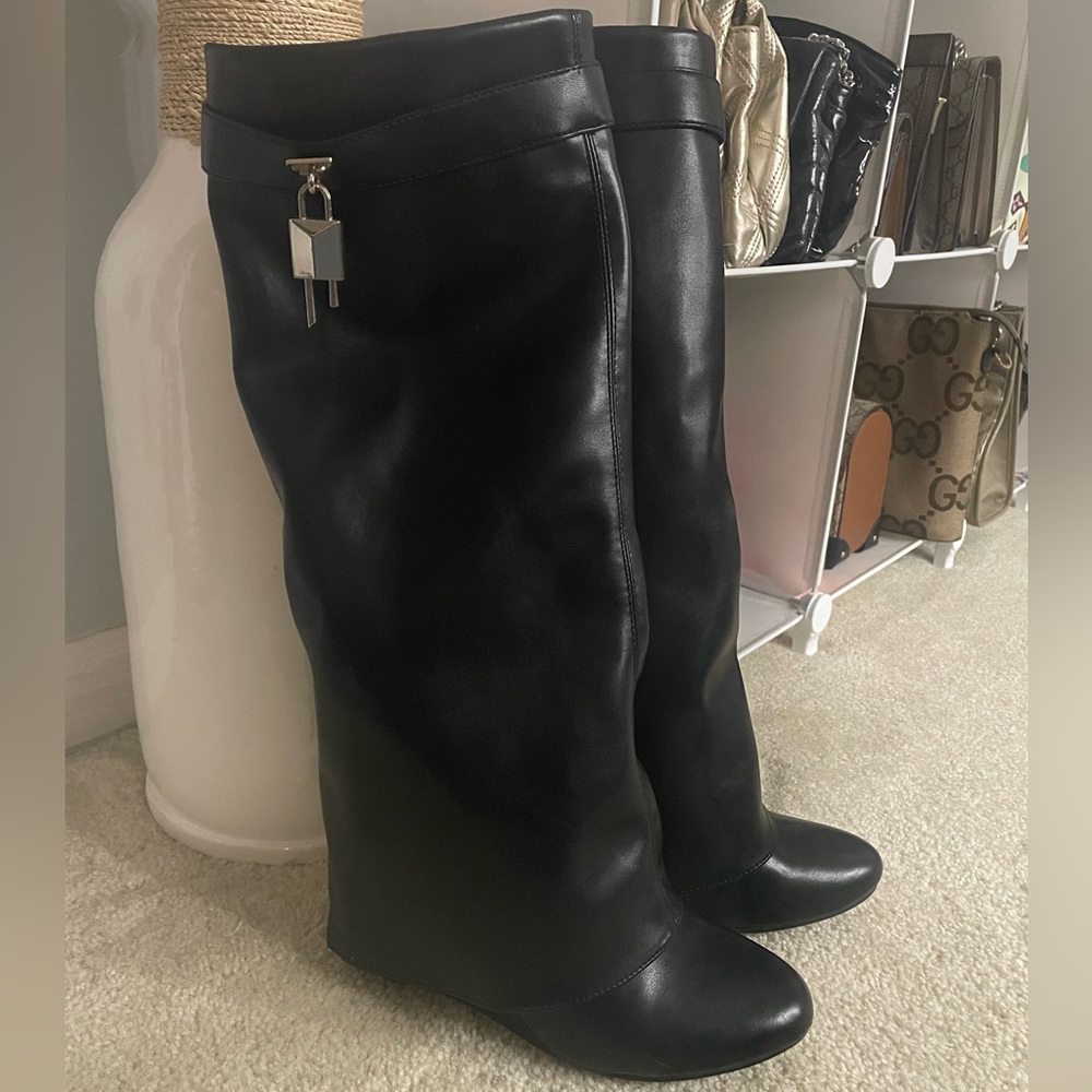 Black wedge heeled boots